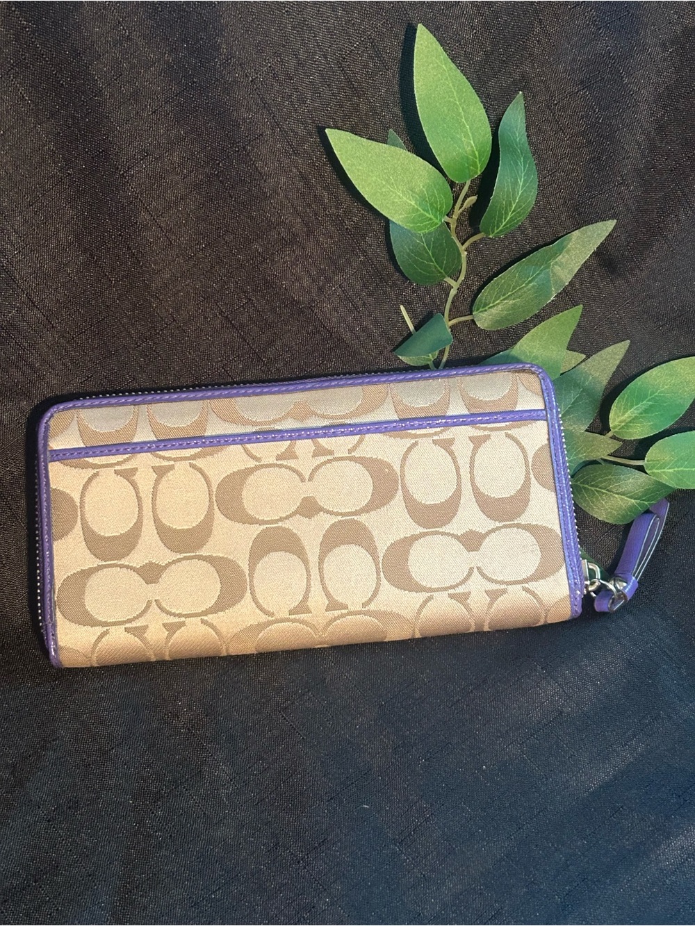 Coach Beige Signature Zip Wallet with Purple Trim - Picture 3 of 15